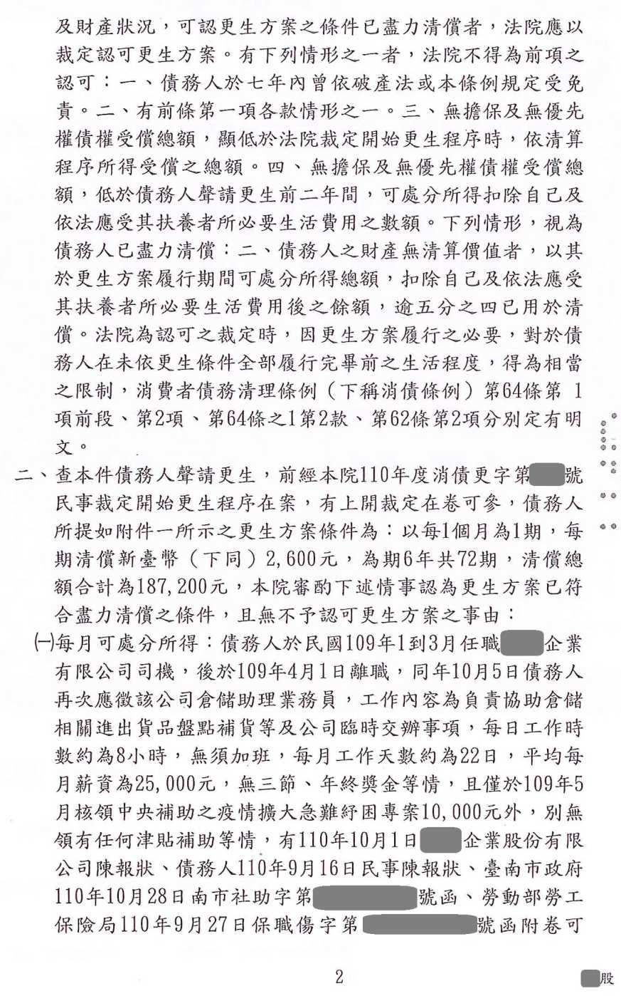 更生條件|法院更生|債務更生|台南地院債務更生成功核准，總債務約100萬，僅償還約18萬