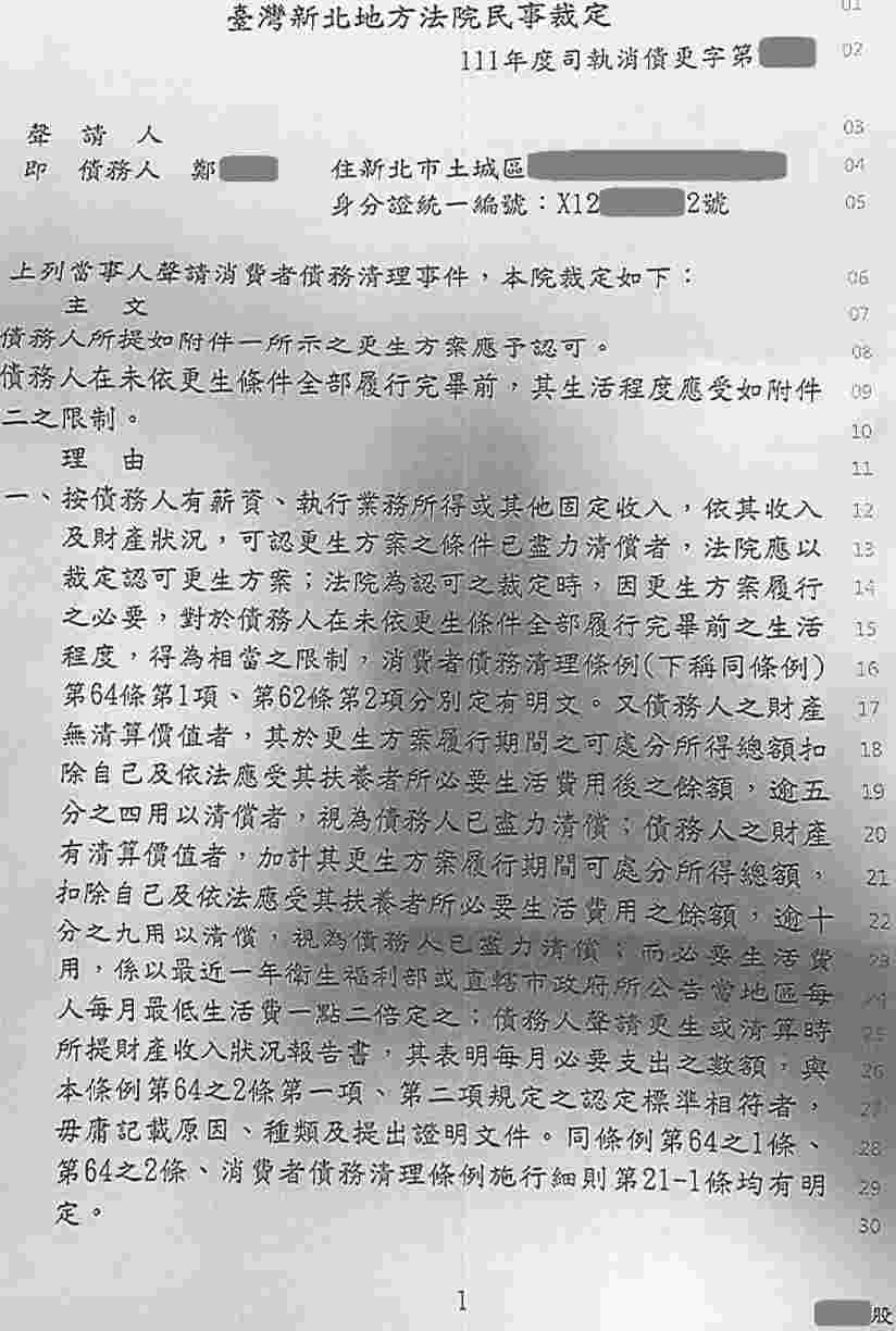 更生條件|法院更生|債務更生|新北地院債務更生成功核准，總債務約184萬，僅償還約38萬