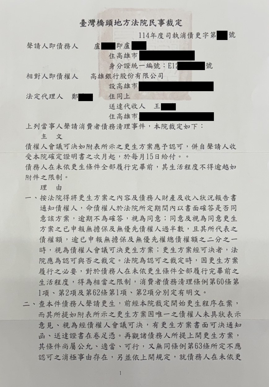 更生條件|法院更生|債務更生|橋頭地院債務更生成功核准,總債務約461萬,僅償還約28.9萬